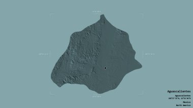 Aguascalientes bölgesi, Meksika eyaleti, jeoreferatlı bir sınır kutusunda sağlam bir arka planda izole edilmiş. Etiketler. Renkli yükseklik haritası. 3B görüntüleme