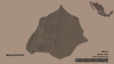 Meksika 'nın Aguascalientes eyaleti, başkenti sağlam bir arka planda izole edilmiştir. Uzaklık ölçeği, bölge önizlemesi ve etiketleri. Renkli yükseklik haritası. 3B görüntüleme