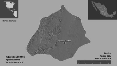 Aguascalientes 'in şekli, Meksika eyaleti ve başkenti. Uzaklık ölçeği, ön gösterimler ve etiketler. Çift seviyeli yükseklik haritası. 3B görüntüleme