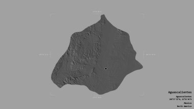 Aguascalientes bölgesi, Meksika eyaleti, jeoreferatlı bir sınır kutusunda sağlam bir arka planda izole edilmiş. Etiketler. Çift seviyeli yükseklik haritası. 3B görüntüleme