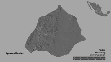 Meksika 'nın Aguascalientes eyaleti, başkenti sağlam bir arka planda izole edilmiştir. Uzaklık ölçeği, bölge önizlemesi ve etiketleri. Çift seviyeli yükseklik haritası. 3B görüntüleme