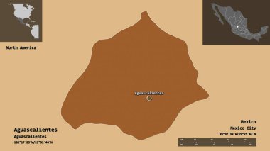 Aguascalientes 'in şekli, Meksika eyaleti ve başkenti. Uzaklık ölçeği, ön gösterimler ve etiketler. Düzenli desenli dokuların bileşimi. 3B görüntüleme