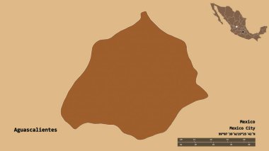 Meksika 'nın Aguascalientes eyaleti, başkenti sağlam bir arka planda izole edilmiştir. Uzaklık ölçeği, bölge önizlemesi ve etiketleri. Düzenli desenli dokuların bileşimi. 3B görüntüleme