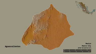 Meksika 'nın Aguascalientes eyaleti, başkenti sağlam bir arka planda izole edilmiştir. Uzaklık ölçeği, bölge önizlemesi ve etiketleri. Topografik yardım haritası. 3B görüntüleme