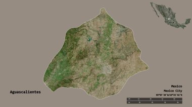 Meksika 'nın Aguascalientes eyaleti, başkenti sağlam bir arka planda izole edilmiştir. Uzaklık ölçeği, bölge önizlemesi ve etiketleri. Uydu görüntüleri. 3B görüntüleme