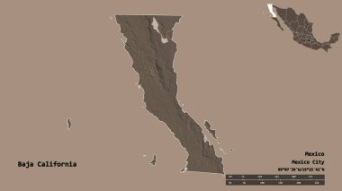 Baja California 'nın şekli, Meksika eyaleti, başkenti sağlam arka planda izole edilmiş. Uzaklık ölçeği, bölge önizlemesi ve etiketleri. Renkli yükseklik haritası. 3B görüntüleme