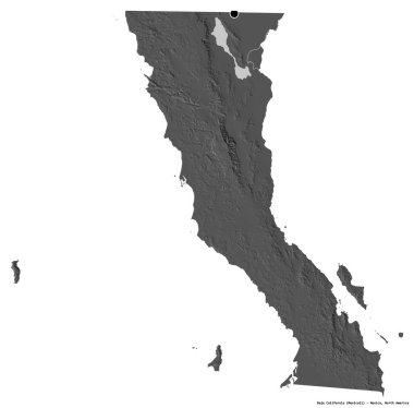 Baja California 'nın şekli, Meksika eyaleti, başkenti beyaz arka planda izole edilmiş. Çift seviyeli yükseklik haritası. 3B görüntüleme