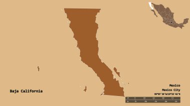 Baja California 'nın şekli, Meksika eyaleti, başkenti sağlam arka planda izole edilmiş. Uzaklık ölçeği, bölge önizlemesi ve etiketleri. Düzenli desenli dokuların bileşimi. 3B görüntüleme