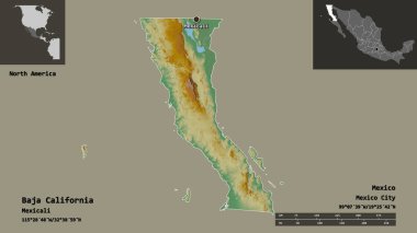 Baja California 'nın şekli, Meksika eyaleti ve başkenti. Uzaklık ölçeği, ön gösterimler ve etiketler. Topografik yardım haritası. 3B görüntüleme