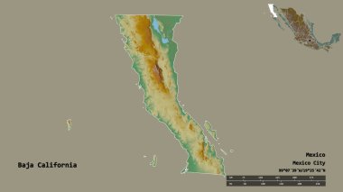Baja California 'nın şekli, Meksika eyaleti, başkenti sağlam arka planda izole edilmiş. Uzaklık ölçeği, bölge önizlemesi ve etiketleri. Topografik yardım haritası. 3B görüntüleme
