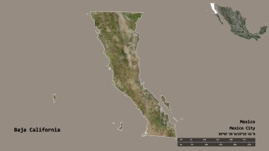 Baja California 'nın şekli, Meksika eyaleti, başkenti sağlam arka planda izole edilmiş. Uzaklık ölçeği, bölge önizlemesi ve etiketleri. Uydu görüntüleri. 3B görüntüleme