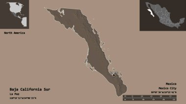 Baja California Sur 'un şekli, Meksika eyaleti ve başkenti. Uzaklık ölçeği, ön gösterimler ve etiketler. Renkli yükseklik haritası. 3B görüntüleme