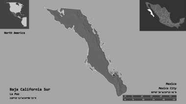 Baja California Sur 'un şekli, Meksika eyaleti ve başkenti. Uzaklık ölçeği, ön gösterimler ve etiketler. Çift seviyeli yükseklik haritası. 3B görüntüleme