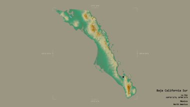 Baja California Sur bölgesi, Meksika eyaleti, jeoreferatlı bir sınır kutusunda sağlam bir arka planda izole edilmiş. Etiketler. Topografik yardım haritası. 3B görüntüleme