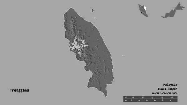 マレーシアのタンガヌ州の形で その首都はしっかりとした背景に隔離されています 距離スケール リージョンプレビュー およびラベル 標高マップ 3Dレンダリング — ストック写真