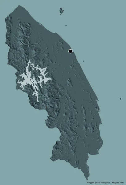 马来西亚的丁加奴的形状 其首都以纯色背景隔离 彩色高程图 3D渲染 — 图库照片