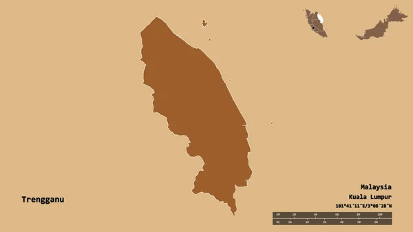 マレーシアのタンガヌ州の形で その首都はしっかりとした背景に隔離されています 距離スケール リージョンプレビュー およびラベル 規則的にパターン化されたテクスチャの構成 3Dレンダリング — ストック写真