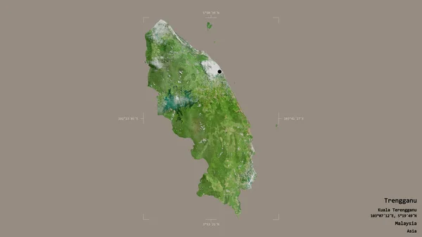 マレーシアのトレンガン州の地域は 洗練された境界ボックス内の強固な背景に隔離されています ラベル 衛星画像 3Dレンダリング — ストック写真