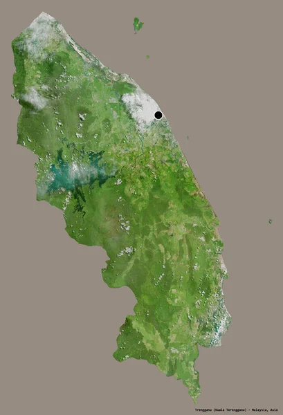 马来西亚的丁加奴的形状 其首都以纯色背景隔离 卫星图像 3D渲染 — 图库照片