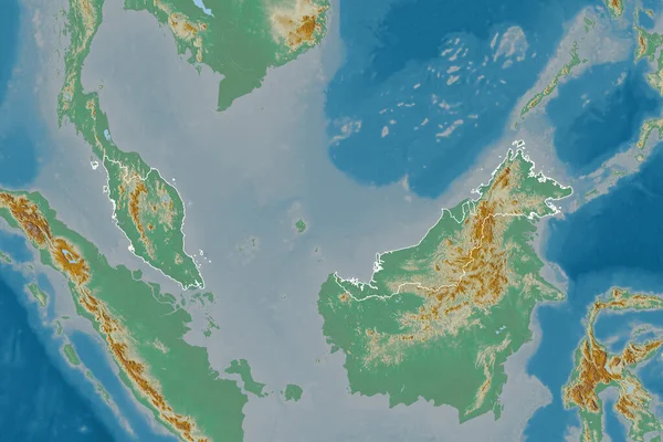 Rozszerzony Obszar Zarysie Malezji Mapa Pomocy Topograficznej Renderowanie — Zdjęcie stockowe