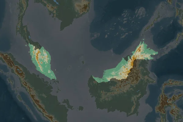 Kształt Malezji Oddzielony Desaturacją Sąsiednich Obszarów Mapa Pomocy Topograficznej Renderowanie — Zdjęcie stockowe