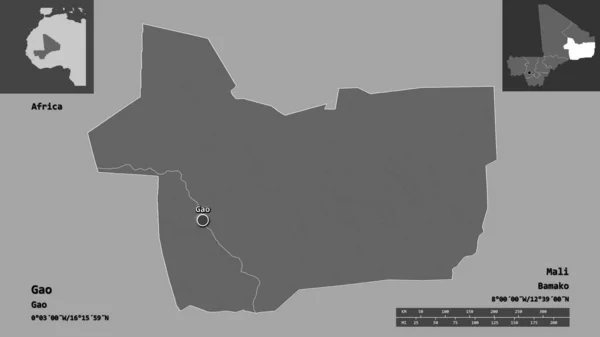 高の形 マリの地域 その首都 距離スケール プレビューおよびラベル 標高マップ 3Dレンダリング — ストック写真