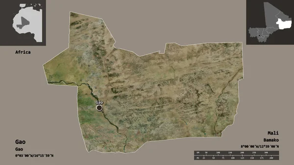 加奥的形状 马里的区域 及其首都 距离刻度 预览和标签 卫星图像 3D渲染 — 图库照片