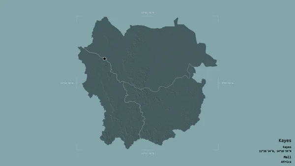 Area of Kayes, region of Mali, isolated on a solid background in a georeferenced bounding box. Labels. Colored elevation map. 3D rendering