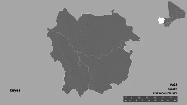 Kształt Kayes Regionu Mali Stolicą Odizolowaną Solidnym Tle Skala Odległości — Zdjęcie stockowe