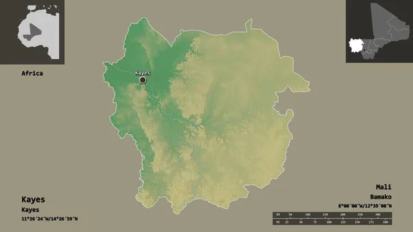 ケイズの形 マリの地域 およびその首都 距離スケール プレビューおよびラベル 地形図 3Dレンダリング — ストック写真