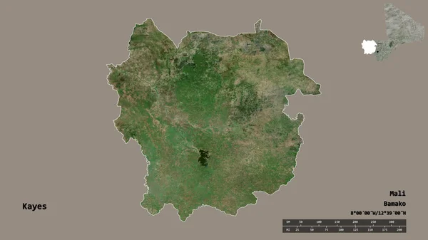 马里地区Kayes的形状 其首都在坚实的背景下与世隔绝 距离尺度 区域预览和标签 卫星图像 3D渲染 — 图库照片