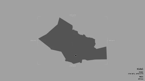 マリの地域であるキダルの地域は 洗練された境界ボックス内の強固な背景に隔離されています ラベル 標高マップ 3Dレンダリング — ストック写真