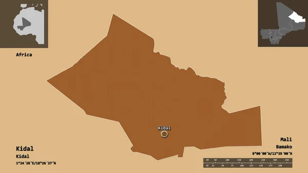 キダルの形状 マリの地域 およびその首都 距離スケール プレビューおよびラベル 規則的にパターン化されたテクスチャの構成 3Dレンダリング — ストック写真