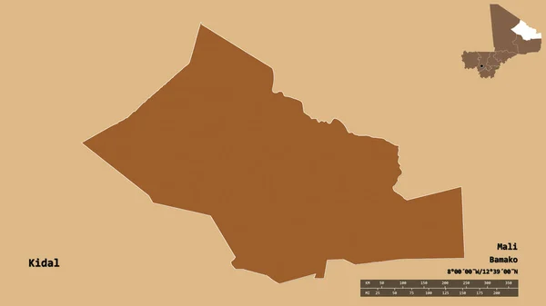 Form Kidal Regionen Mali Med Huvudstaden Isolerad Solid Bakgrund Avståndsskala — Stockfoto