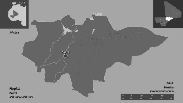 马里莫普提的形状及其首都 距离刻度 预览和标签 Bilevel高程图 3D渲染 — 图库照片