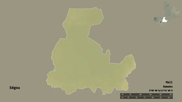 马里地区塞古的形状 其首都在坚实的背景下与世隔绝 距离尺度 区域预览和标签 地形浮雕图 3D渲染 — 图库照片