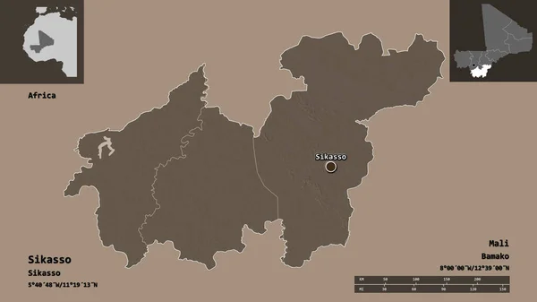 马里地区锡卡索的形状及其首都 距离刻度 预览和标签 彩色高程图 3D渲染 — 图库照片