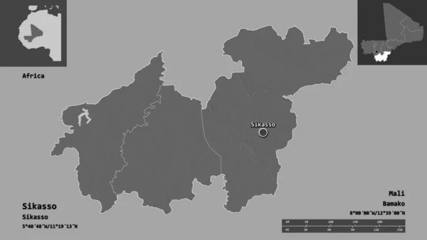 シカソの形 マリの地域 およびその首都 距離スケール プレビューおよびラベル 標高マップ 3Dレンダリング — ストック写真