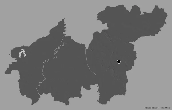 马里锡卡索地区的形状 其首都以纯色背景隔离 Bilevel高程图 3D渲染 — 图库照片