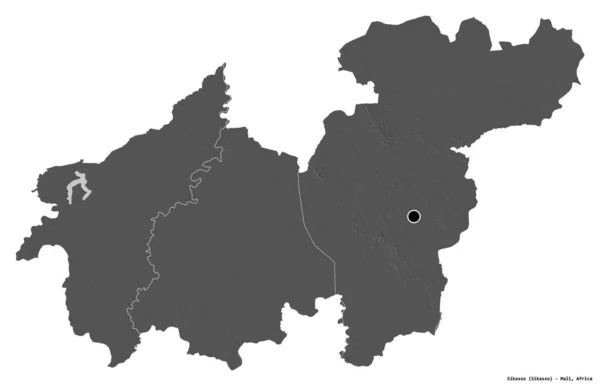 Kształt Sikasso Regionu Mali Stolicą Odizolowaną Białym Tle Dwupoziomowa Mapa — Zdjęcie stockowe