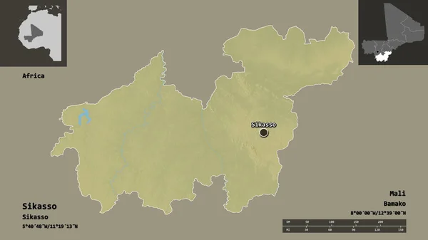 Form Sikasso Regionen Mali Och Dess Huvudstad Avståndsskala Förhandsvisningar Och — Stockfoto
