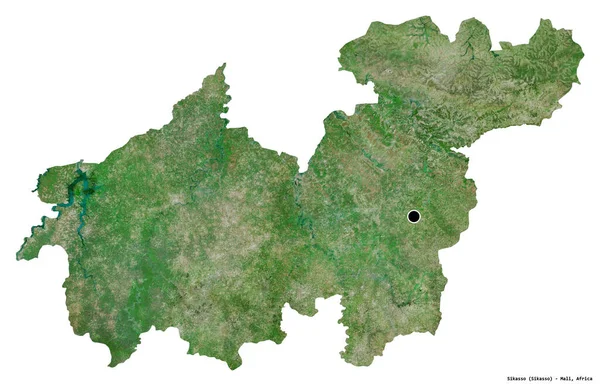 Form Sikasso Regionen Mali Med Huvudstaden Isolerad Vit Bakgrund Satellitbilder — Stockfoto
