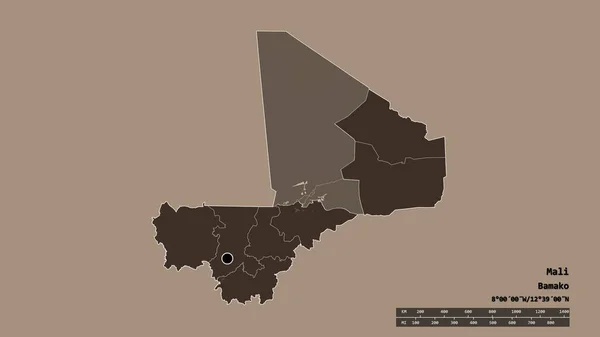 Mali Kiszáradt Alakja Fővárosával Regionális Felosztásával Szétválasztott Timbuktu Területtel Címkék — Stock Fotó