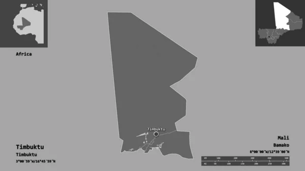 马里地区廷巴克图的形状及其首都 距离刻度 预览和标签 Bilevel高程图 3D渲染 — 图库照片