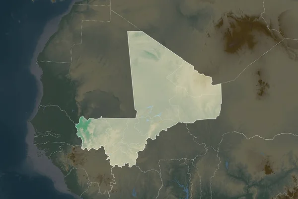 Kształt Mali Oddzielony Desaturacją Sąsiednich Obszarów Granice Mapa Pomocy Topograficznej — Zdjęcie stockowe