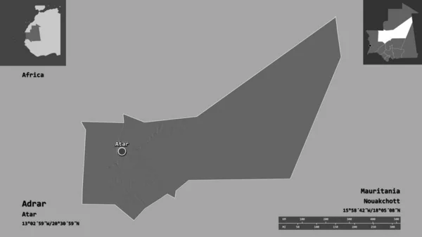 アドラーの形 モーリタニアの地域 距離スケール プレビューおよびラベル 標高マップ 3Dレンダリング — ストック写真