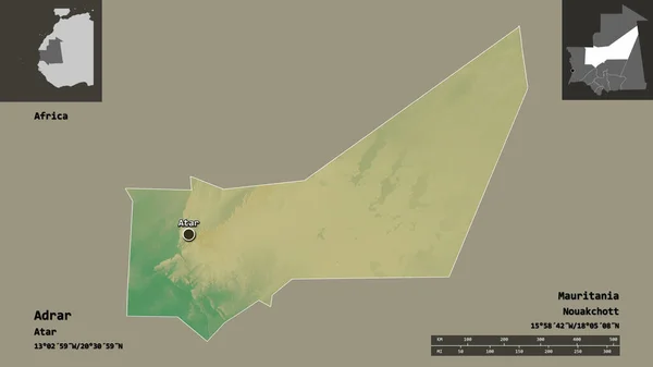 Форма Адрара Регіону Мавританії Його Столиці Масштаб Відстаней Превью Етикетки — стокове фото