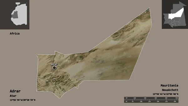 Shape Adrar Region Mauritania Its Capital Distance Scale Previews Labels — Stock Photo, Image