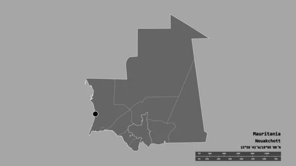 Forme Désaturée Mauritanie Avec Capitale Principale Division Régionale Zone Séparée — Photo