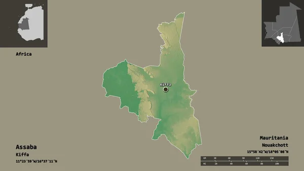 アサバの形 モーリタニアの地域 その首都 距離スケール プレビューおよびラベル 地形図 3Dレンダリング — ストック写真